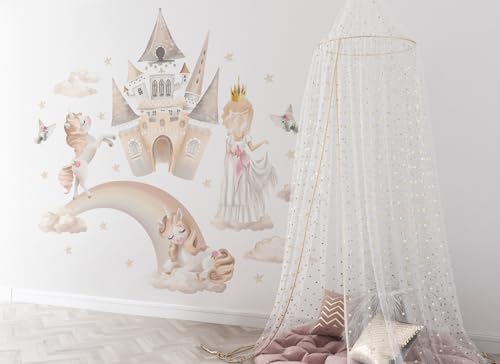 Osomhome Wandtattoo Kinderzimmer Mädchen Prinzessin (180x90 cm) | Kinderzimmer Deko Babyzimmer Wanddeko | Wandaufkleber Wandbild Kinderbilder Wandsticker | Castle, Burg, Einhorn os6201 von Osomhome