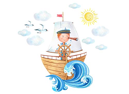 Wandtattoo Seemann auf einem Schiff - Wolken Hund Möwen Fisch Kinderbilder Junge Kinderzimmer Mädchen Aufkleber Osomhome (Junge Seemann, L) 120 x 115 cm von Osomhome