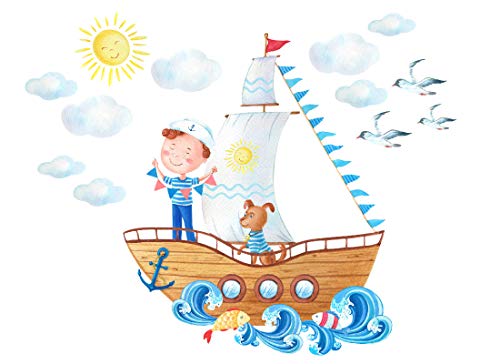 Wandtattoo Seemann auf einem Schiff - Wolken Hund Möwen Fisch Kinderbilder Junge Kinderzimmer Mädchen Aufkleber Osomhome (Seemann, L) 130x150cm von Osomhome