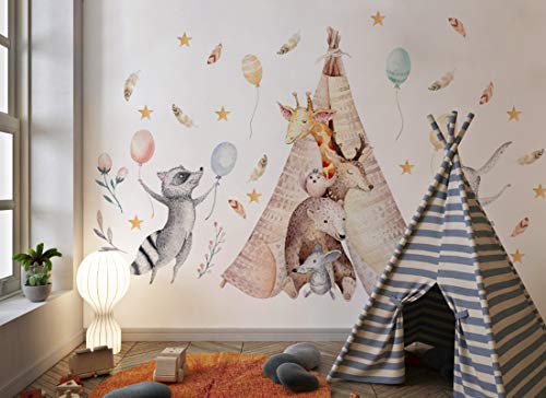 Wandtattoo Waldtiere I Feder Sterne Hase Waschbär Kinderbilder Junge Kinderzimmer Mädchen Aufkleber Osomhome os8817 (135x85cm) von Osomhome