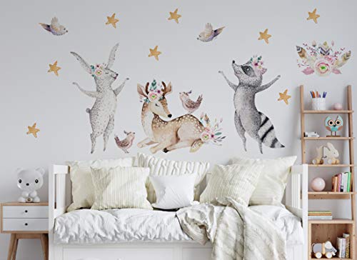 Osomhome Wandtattoo Waldtiere I REH Hase Waschbär Vögel Sterne Kinderbilder Junge Kinderzimmer Mädchen Aufkleber os8864 (145x115cm) von Osomhome