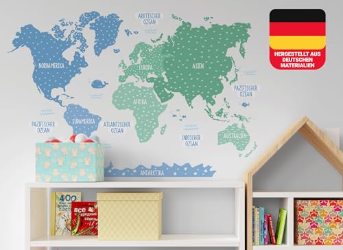 Osomhome - Wandtattoo Weltkarte Kinder - *Deutsch* [120x80cm] Pastellfarben Blau-Mint | Wandtattoo Kinderzimmer Junge & Mädchen, Wandsticker Kinderzimmer Jungen | World Map Wall Decoration | os5011 von Osomhome