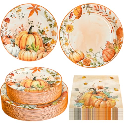 Osonm 180-teiliges Herbst-Pappteller und Servietten-Set für 60 Stück, Thanksgiving und Kürbisteller, Einweg-Geschirr-Set, für Herbst Bauernhof, Erntedankfest, Partyzubehör von Osonm