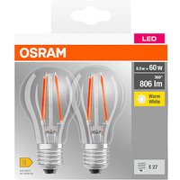 2 OSRAM LED-Lampen Base CLASSIC A60 Multipack E27 6,5 W klar von Osram