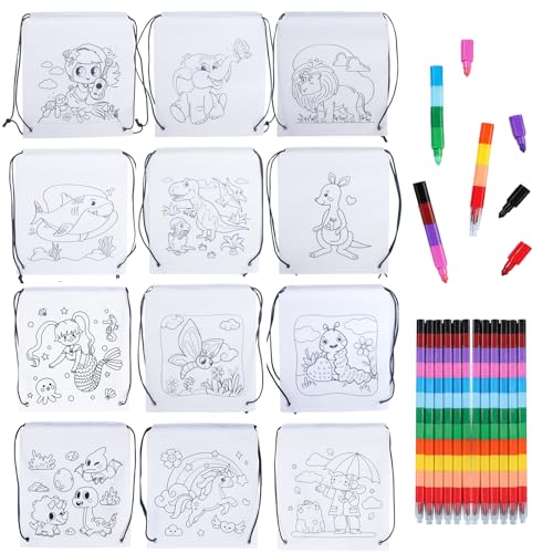 Osuter Taschen zum Bemalen für Kinder, 12 Stück Färbbare Beutel mit Kordelzug für Kinder mit 12 Stück Stapelbare Wachsmalstifte (12 Farben in 1),Stoffbeutel zum Bemalen Set,Bastelset Kindergeburtstag von Osuter