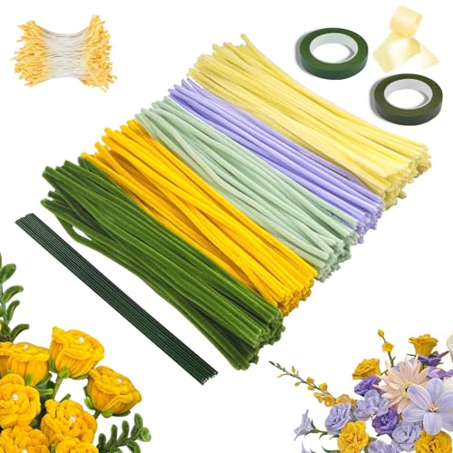 Pfeifenreiniger Blumen Set 300 Stück Pfeifenputzer zum Basteln mit Blumendraht, Geschenkband & Staubblatt für DIY Blumenstrauß-Dekorationen, Flexible for DIY Tulip(Gelb, Lila) von Otekuvic