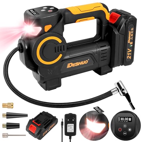 Tragbarer Luftkompressor mit 21 V Akku, kabelloser Reifenfüller 160 PSI Reifenfüller mit automatischer Abschaltung, LED, Ventil-Set für Autos, Fahrräder und Bälle von OtoLuxa