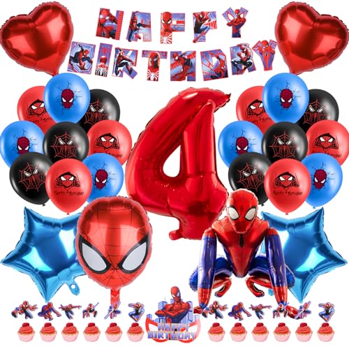 Spider Geburtstagsdeko 4 Jahre, 51 Stück Spider Hero Themed Geburtstag Partydekoration Kinder, 4 Jahre geburtstagsdeko Jungen Kit mit Luftballon Banner Tortendeko 3D Spider von Otokti