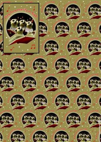 Weihnachtspapier, Weihnachts Geschenkpapier, Erdmännchen mit Aufschrift Ding Dong Meerily on High (Ding, dong, fröhlich in der Höh') von Otter House