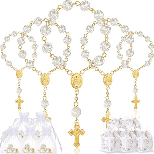 Otuuz 50 Stück Taufe Präsente Set Enthält Elfenbeinfarbe Acryl Perlen Rosenkranz Kunstperlen Weiß Organzabeutel mit Kordelzug Kreuz Präsent Boxen mit Bändern für Hochzeit Zubehör (Gold Armband) von Otuuz