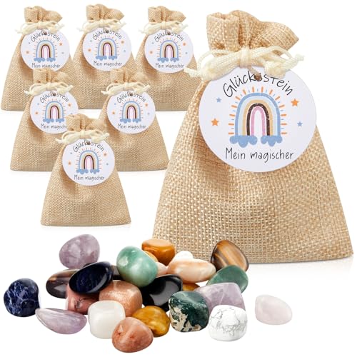 Otuuz 12 Stück Glückssteine für Kinder mit Jutesäckchen Bunte Glücksbringer Steine Magische Steine Party Mitgebsel für Tier Geburtstag Silvester Kinder Kleinigkeiten Geschenke(Regenbogen) von Otuuz