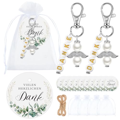 Otuuz 30 Sets Schutzengel Dankeschön Gastgeschenke inklusive 30 Vielen Dank Geschenkanhänger mit Schnur 30 Engel Anhänger 30 Organzasäckchen für Hochzeit Firmung Taufe Konfirmation(Weiß,Danke) von Otuuz