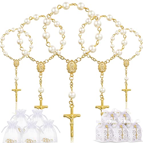 Otuuz 50 Packungen Taufe Gastgeschenke Set Taufe Rosenkranz Acryl Rosenkranz Perlen Kunstperlen mit Organzabeutel und Kreuz Geschenkboxen mit Bänder für Hochzeit Mitgebsel (Gold Perlen Armband) von Otuuz