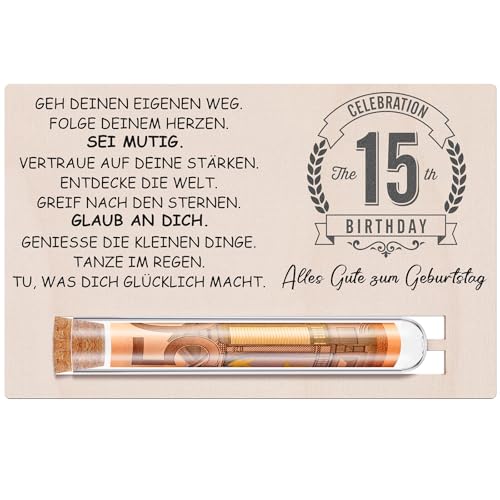 Otuuz Geldgeschenke Geschenke zum 15 Geburtstag für Jungen Mädchen Geschenkset Enthält Holzkarte zum Geburtstag und Reagenzglas Geburtstag Geld Gutschein Verpackung Geschenkverpackung von Otuuz