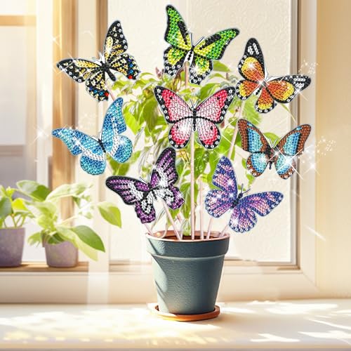 OuMaiFeng 8 Stück Diamond Painting Schmetterling Sets, Kinder und Erwachsene Gartendekoration für Draußen und Drinnen, Balkon Deko, Basteln Diamont Painting Geschenk für Mama und Kinder von OuMaiFeng