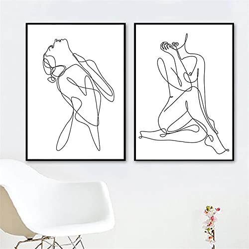 Gerahmte abstrakte weibliche Yoga Figur Strichzeichnung Leinwand Malerei Poster und Drucke Leinwand Wandkunst Gemälde Wanddekoration für Zimmer 30 x 40 cm x 2 Stück Innenrahmen von OuShen
