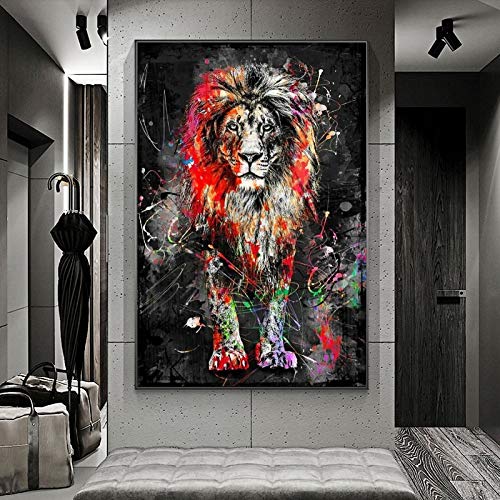 OuShen Abstrakte Löwen-Gemälde auf Leinwand, moderne bunte Tiere, Poster und Drucke für den Innenbereich, Wandkunst, dekorative Bilder, 80 x 120 cm, rahmenlos von OuShen