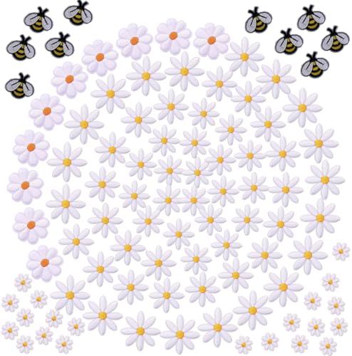 100 Stück Gänseblümchen Blumen Bienen Patches Flicken Bügelbilder Bestickte Iron on/Sew on Patch Aufnäher für Aufnähen auf Rucksäcke,Jacken,T-Shirt, Kleidung,Kleid,Hut,Jeans von Oucaty