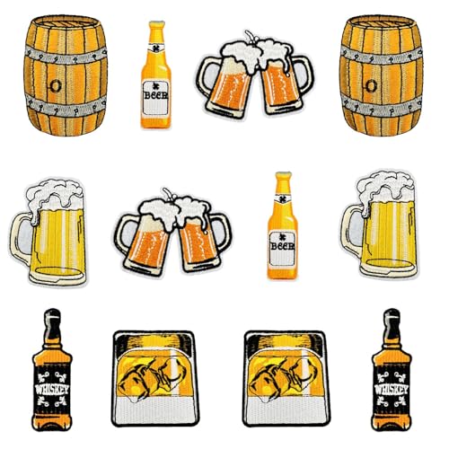 12 Stück Bier Beer Flicken Bügelbilder Bestickte Aufnäher Patches zum Aufbügeln Iron on/Sew on Patch für Aufnähen oder Aufbügeln auf Kleidung,Kleid,Rucksäcke,Jacken,T-Shirt,Hut,Jeans von Oucaty