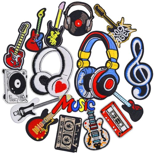 16 Stück Gitarre Musikstil Patches zum Aufbügeln,Bestickte Aufnäher Flicken Bügelbilder Iron on/Sew on Patch für Aufnähen oder Aufbügeln auf Kleidung,Kleid,Hut,Jeans,T-Shirt,Rucksäcke,Jacken von Oucaty