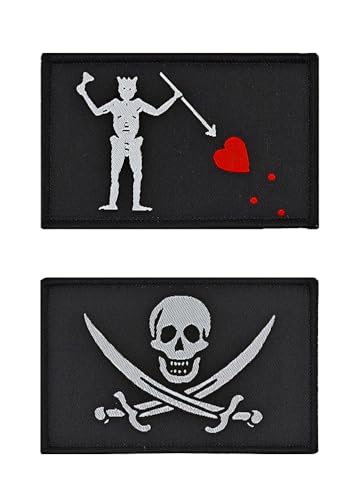 2 Stück Blackbeard Pirate Rotes Herz Militär Taktische Bestickte Patch Abzeichen Stickerei Emblem Applikationen Kleidung,Uniformen, Rucksack,Mützen,Jeans,Jacken,Hosen,Hemden Hook and Loop Patch von Oucaty