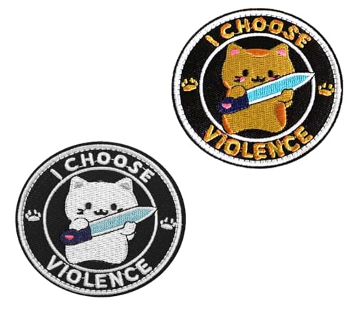 2 Stück I Choose Violence Meme Patch Lustige süße Katze Abzeichen Taktische Stickerei Emblem Hook and Loop Patches für Biker,DIY-Zubehör,Jacken,Hemden,Mützen,Taschen,Uniformen,Rucksack von Oucaty