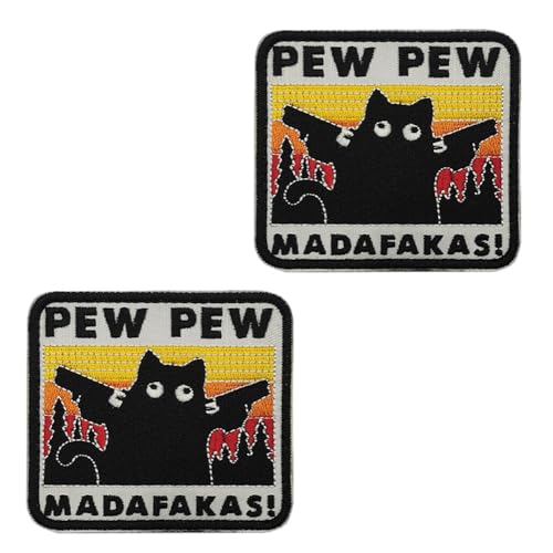 2 Stück PEW PEW MADAFAKAS Lustige Katze Aufnäher Patches Taktische Stickerei Emblem Hook and Loop Patches Applikationen für Kleidung,Rucksack,Jacken,Uniformen,Hemden,Mützen,Taschen,Hosen von Oucaty