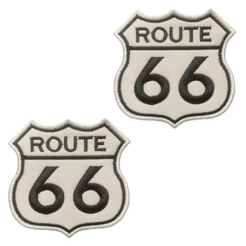 2 Stück Route 66 Autobahn Verkehrsschild Taktisches Stickerei Patches Hook and Loop Emblem Patches Applikationen für Jacken,Hemden,DIY-Zubehör,Hosen,Mützen,Taschen,Rucksack,Kleidung,Uniformen von Oucaty