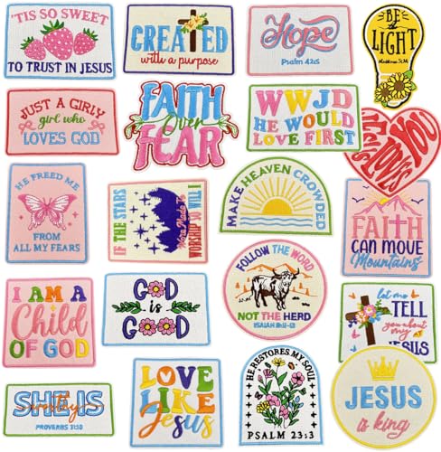 20 Stück Faith Word Patches zum Aufbügeln Iron on/Sew on Stickerei Aufnäher Flicken Bügelbilder Patches für Aufnähen oder Aufbügeln auf Kleidung Rucksäcke Jacken T-Shirt Kleid Hut Jeans von Oucaty