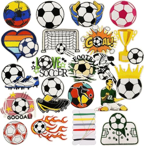 20 Stück Fußball Fussball Patches Iron on/Sew on Aufnäher Stickerei Fußball Bügeln auf Patches Aufnäher für Aufnähen oder Aufbügeln auf Kleidung Rucksäcke Jacken T-Shirt Kleid Hut Jeans von Oucaty