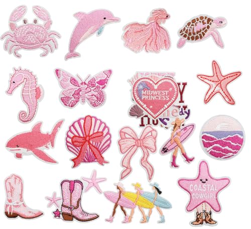 20 Stück Hot Pink Sommer Strand Surf Urlaub Flicken Sommer Ozean bestickte Applikation für Mädchen Küste Cowgirl Aufbügler Flicken für Uniformen Jeans Kleid Rucksäcke Hosen Strandtaschen Kleidung von Oucaty