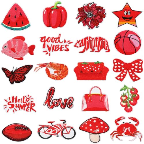 20 Stück Red Series Patches zum Aufbügeln Flicken Bügelbilder Red Crab Iron on/Sew on Patches Bestickte Aufnäher für Aufnähen oder Aufbügeln auf Kleidung Kleid Hut T-Shirt Jeans Rucksäcke Jacken von Oucaty