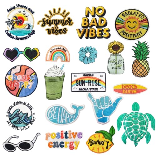 20 Stück Sommer Strand Hippie VSCO Vintage Patches zum Aufbügeln Iron on/Sew on Patch Bestickte Aufnäher Flicken Bügelbilder für Aufnähen oder Aufbügeln auf Kleidung,Rucksäcke,Jacken,T-Shirt von Oucaty