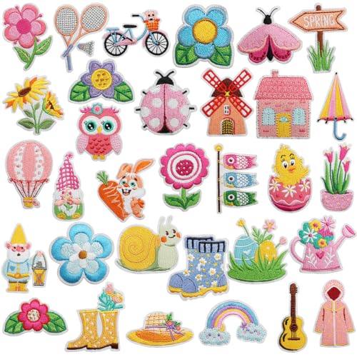 32 Stück Frühlingsblüten-Flicken zum Aufbügeln oder Aufnähen, bestickte Applikationen für Jacken, Westen, Mäntel, Uniformen, Rucksäcke, Jeans, Kleid, Hut, Hosen, Kleidung, DIY-Dekoration, Taschen von Oucaty