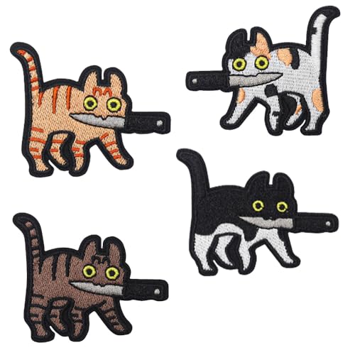 4 Stück Super süße Katze mit Messer Fun Patch Abnehmbare Emblem Stickerei Hook and Loop Patch Applikationen Kleidung,Uniformen,Baseballkappe,Rucksack,Jeans,Hosen,Jacken,Mützen,DIY-Zubehör von Oucaty