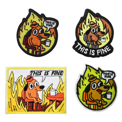 4 Stück "This is Fine Patches" mit lustigem Meme-Motiv, bestickt, taktischer Klettverschluss für Hut, Armband, Jacke, Hose, Kleidung, Mantel, Biker, Weste, Tasche, Rucksack, Uniformen, Tasche von Oucaty