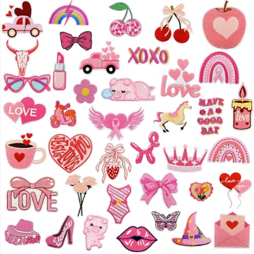 40 Stück Rosa Bestickte Patches Iron on/Sew on Patches Aufbügeln Niedliche Rosa Girl Thema Aufnäher für Aufnähen oder Aufbügeln auf Kleidung,Rucksäcke,Jacken,T-Shirt,Kleid,Hut,Jeans von Oucaty