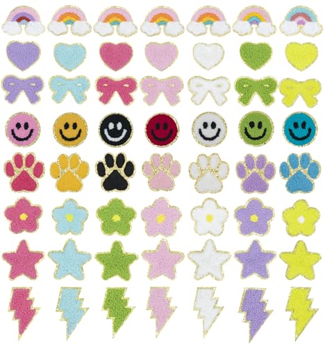 56 Stück Chenille Selbstklebende Patches Niedliches lächelndes,Regenbogen,Blumen,Blitz Stoffaufkleber ohne Nähen Chenille Patches für Kleid,Hut,Jeans,Rucksäcke,Jacken,T-Shirt,Kleidung von Oucaty