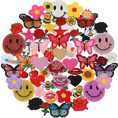 60 Stück Blumen und Schmetterling,Herz,Bienen Flicken Bügelbilder Patches zum Aufbügeln Bestickte Aufnäher für Aufnähen oder Aufbügeln auf Jeans,Rucksäcke,Jacken,T-Shirt,Kleidung,Kleid,Hut von Oucaty