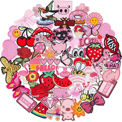 60 Stück Rosa Flicken nicht Zufällig Patches zum Aufbügeln Sortierte Stile Rosa Girl Thema Iron on/Sew on Patch Bestickte Aufnäher für Aufnähen oder Aufbügeln auf Kleidung,Kleid,Rucksäcke,Jacken von Oucaty