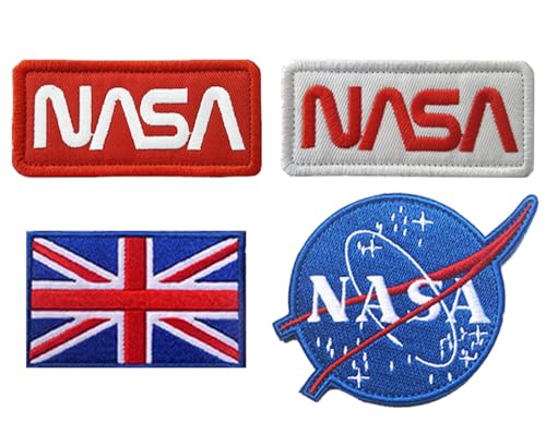 Aufnäher mit britischem und NASA-Logo, taktisches Emblem, bestickt, mit Klettverschluss für Armband, Tasche, Weste, Hut, Biker, Uniformen, Kleidung, Rucksack, Jacke, Jeans, Tasche, 4 Stück von Oucaty