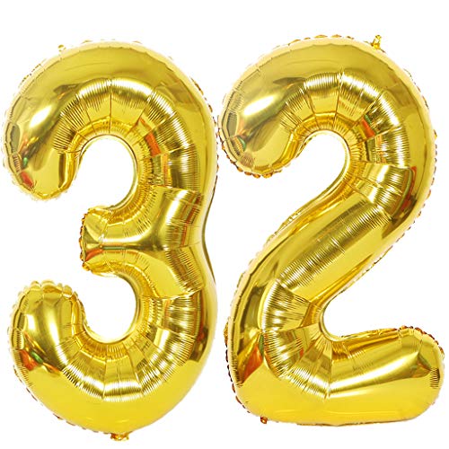 2 Luftballons Zahl 32 Gold, Ouceanwin Riesen Folienballon Nummer 32 XXL Helium Ballons Aufblasbar in 40", Zahlenballon 32 Gold für Geburtstag, Hochzeit, Jubiläum Party Dekoration (100cm) von Ouceanwin