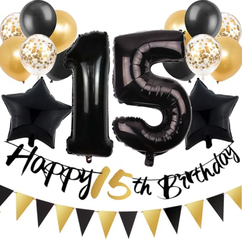 Luftballon 15. Geburtstag Deko Junge, Ballons Geburtstagsdeko 15 Jahre Mädchen, Schwarz Gold Girlande Happy Birthday Deko 15 Jahre Kinder, Helium Ballons 15. Geburtstag Party Deko Set von Ouceanwin