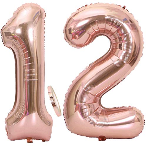 Ouceanwin 2 Luftballons Zahl 12 Rosegold, Riesen Nummer 12 Luftballons Roségold 40" Folienballon Helium Ballons, Aufblasbar Zahlenballon für 12. Geburtstag Party Dekorationen Mädchen (100cm) von Ouceanwin