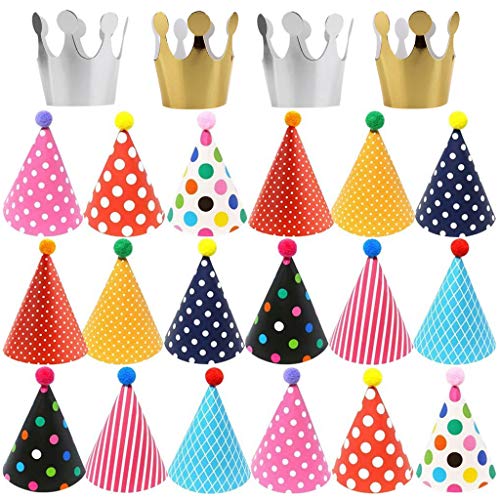 Ouceanwin 22Pcs Partyhüte Kindergeburtstag Set, Happy Birthday Partyhütchen mit Schnur, Krone Hut Kappe und Bunt Party Kegel Hüte mit Pom Poms für Geburtstag Festival Dekoration Foto Prop von Ouceanwin