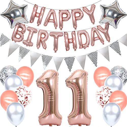 Ouceanwin Geburtstagsdeko 11 Jahre Mädchen, Rosegold Luftballon 11. Geburtstag Deko Set, Riesen Folienballon Zahl 11, Ballons Happy Birthday Banner für 11. Geburtstag Kinder Party Deko von Ouceanwin