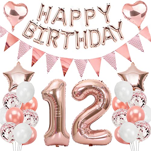 Ouceanwin Geburtstagsdeko 12 Jahre Mädchen, Rosegold Luftballon 12. Geburtstag Deko Set, Folienballon Zahl 12, Helium Ballon Happy Birthday Girlande für 12. Geburtstag Kinder Party Deko von Ouceanwin