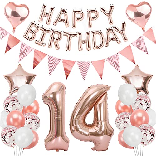 Ouceanwin Geburtstagsdeko 14 Jahre Mädchen, Rosegold Luftballon 14. Geburtstag Deko Set, Folienballon Zahl 14, Helium Ballon Happy Birthday Girlande für 14. Geburtstag Kinder Party Deko von Ouceanwin