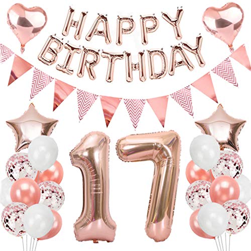 Ouceanwin Geburtstagsdeko 17 Jahre Mädchen, Rosegold Luftballon 17. Geburtstag Deko Set, Folienballon Zahl 17, Helium Ballon Happy Birthday Girlande für 17. Geburtstag Kinder Party Deko von Ouceanwin