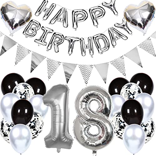 Ouceanwin Geburtstagsdeko 18 Jahre Mädchen Junge, Luftballon 18. Geburtstag Dekoration, Folienballon Zahl 18 Silber, Helium Ballon Happy Birthday Girlande für 18. Geburtstag Party Deko von Ouceanwin